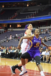 Los Angeles Sparks center Jantel Lavender secures her position for a rebound against Washington Mystics center Stefanie Dolson on June 23, 2015 at the Verizon Center. | Photo courtesy of Lamar Carter
